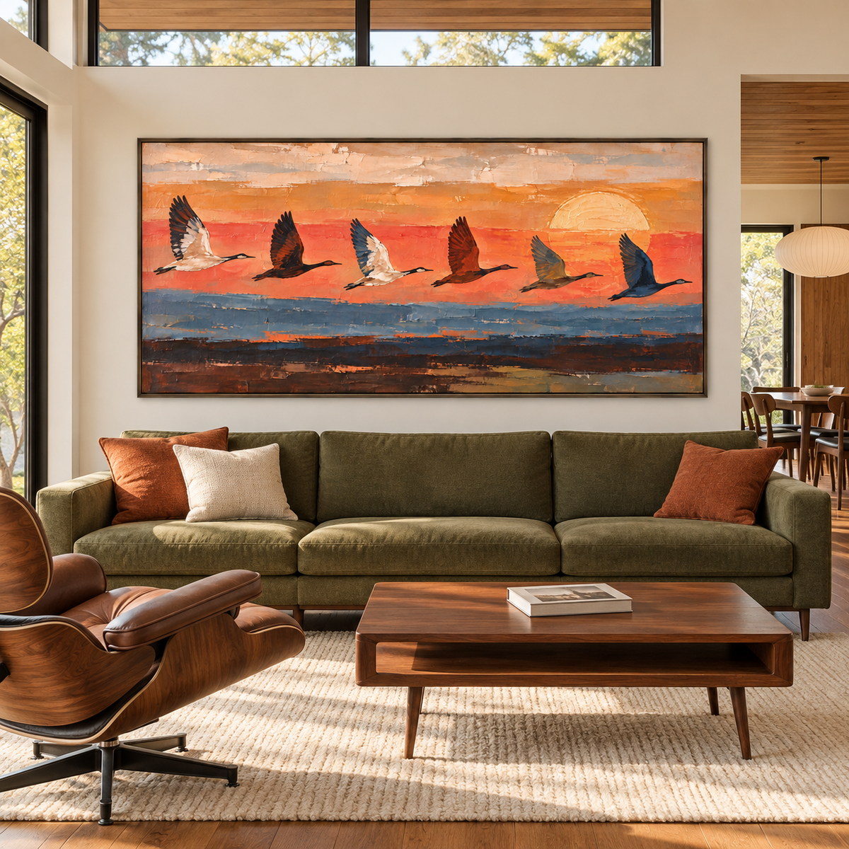 Six long-necked birds flying across an orange sunset above blue and dark earth-colored bands, above a sofa in a midcentury living room.