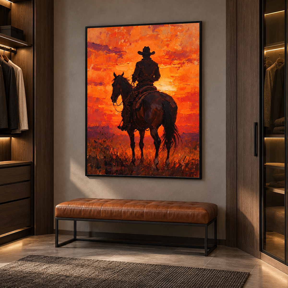A lone cowboy on horseback, viewed from behind, stands against a vivid orange and red sunset with dark brown and near-black silhouette shapes., shown from an angle in a dressing area.
