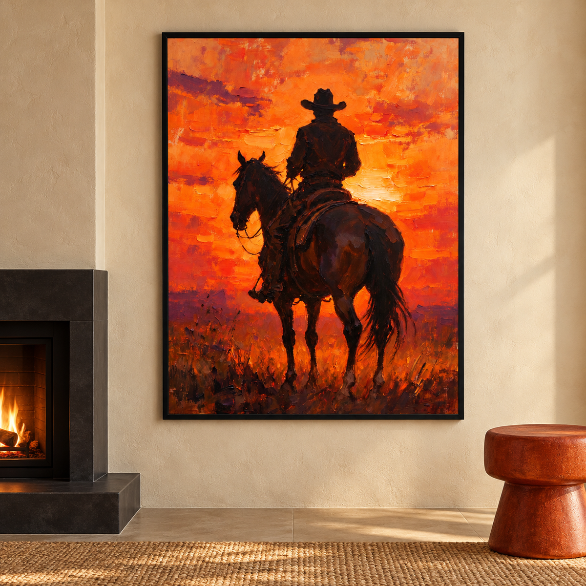A lone cowboy on horseback, viewed from behind, stands against a vivid orange and red sunset with dark brown and near-black silhouette shapes., beside a fireplace.