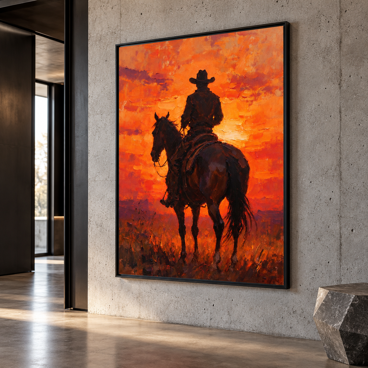 A lone cowboy on horseback, viewed from behind, stands against a vivid orange and red sunset with dark brown and near-black silhouette shapes., shown from an angle in an industrial hallway.