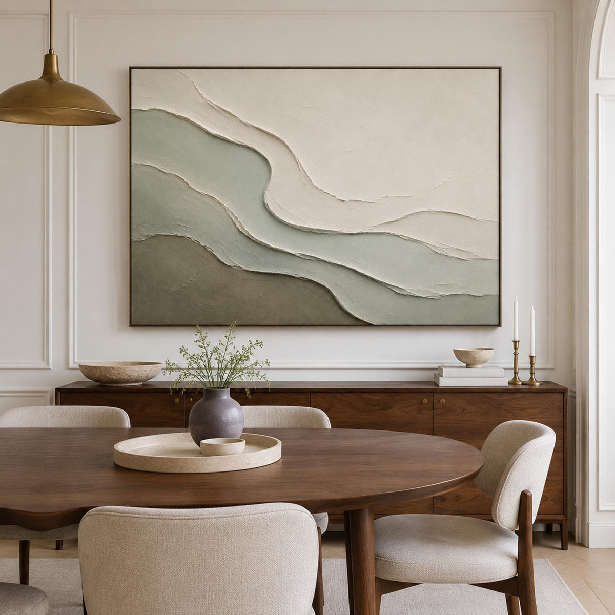 Flowing layered contours in sage green, olive and warm ivory forming an abstract hillside composition, shown in room setting 3.
