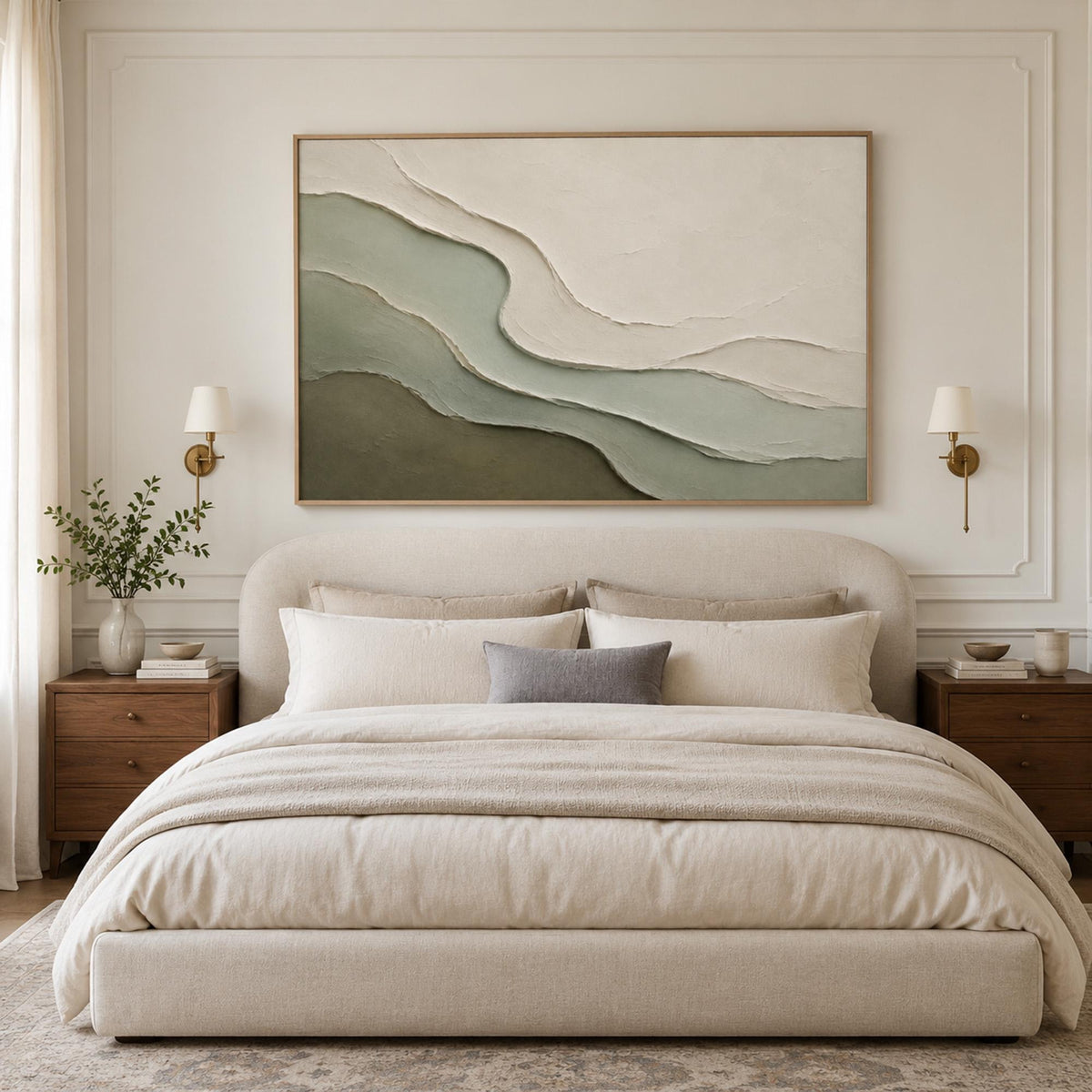 Flowing layered contours in sage green, olive and warm ivory forming an abstract hillside composition, shown in room setting 4.