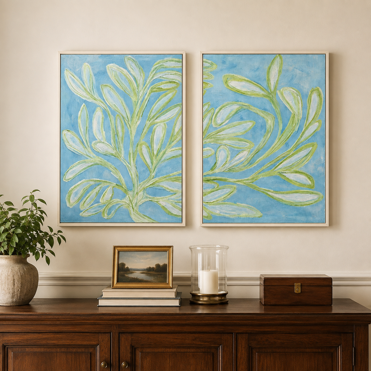 Long green leaves and slender branches across two pale blue panels, in a dining room.
