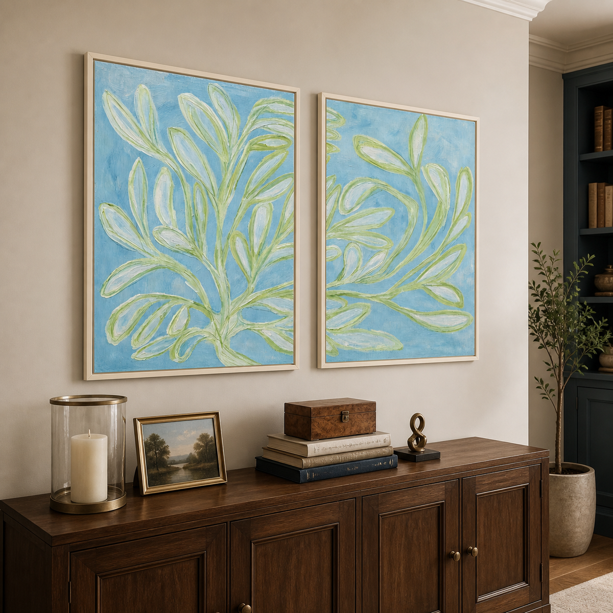 Long green leaves and slender branches across two pale blue panels, shown from an angle in a study.