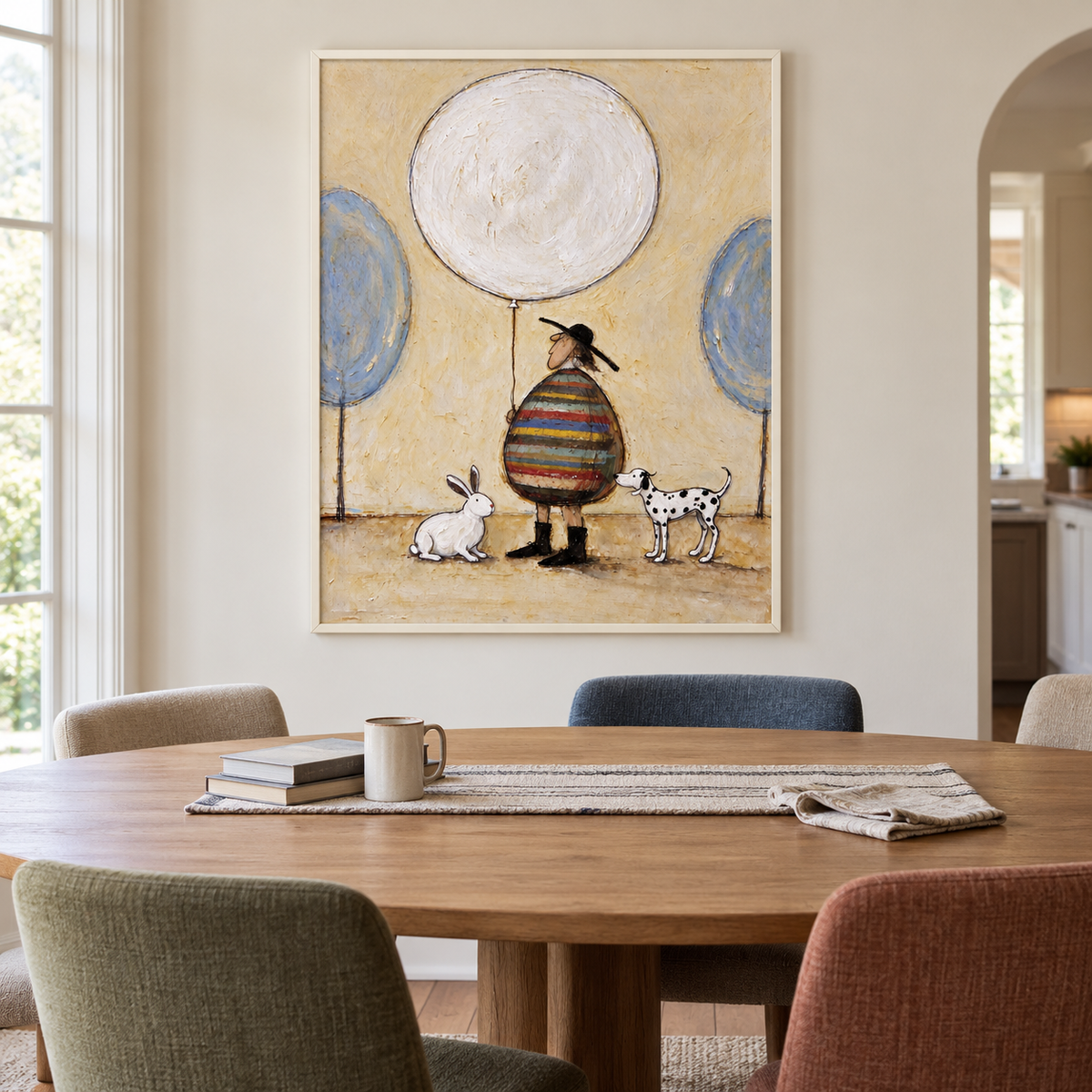 A round man in a multicolored striped coat holding a large white balloon with a white rabbit and a spotted dog beside him and blue circular trees behind, shown in room setting 3.