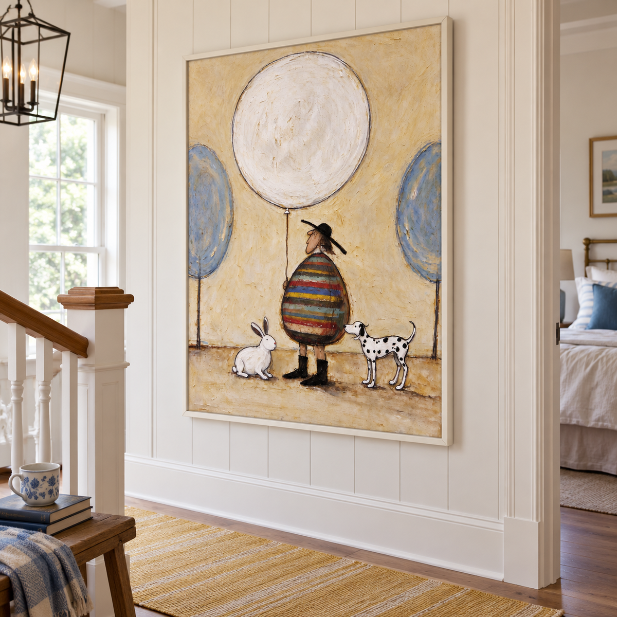 A round man in a multicolored striped coat holding a large white balloon with a white rabbit and a spotted dog beside him and blue circular trees behind, shown in room setting 4.