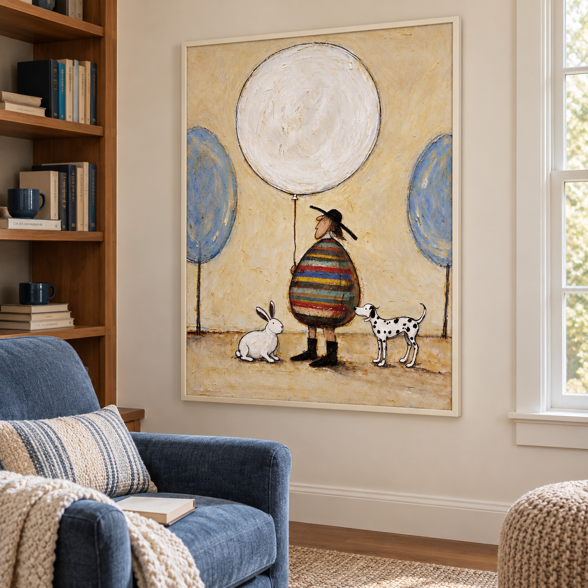 A round man in a multicolored striped coat holding a large white balloon with a white rabbit and a spotted dog beside him and blue circular trees behind, shown in room setting 5.