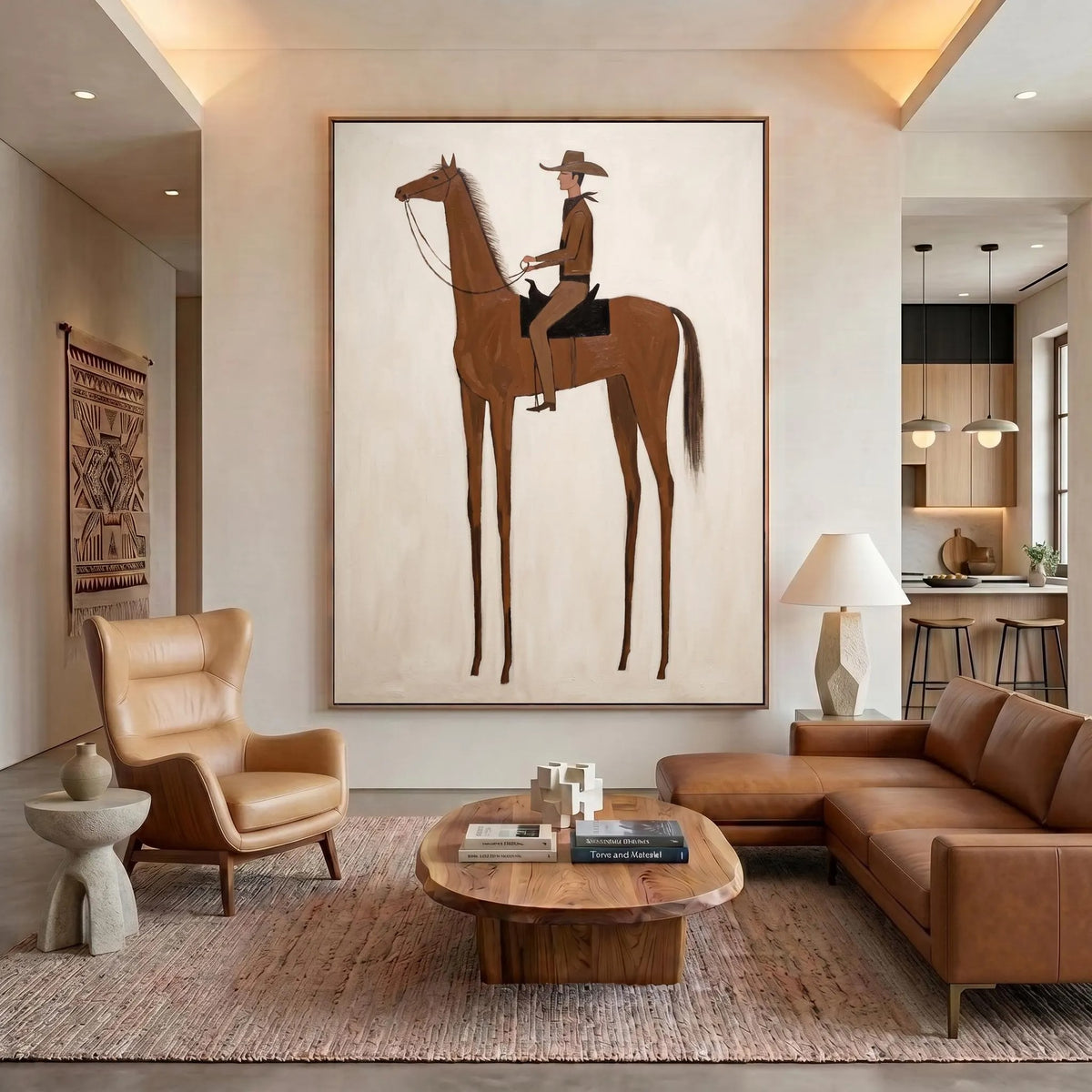 A tall slender chestnut horse with exaggerated long legs carrying a small hatted rider against a plain cream background, shown in room setting 1.