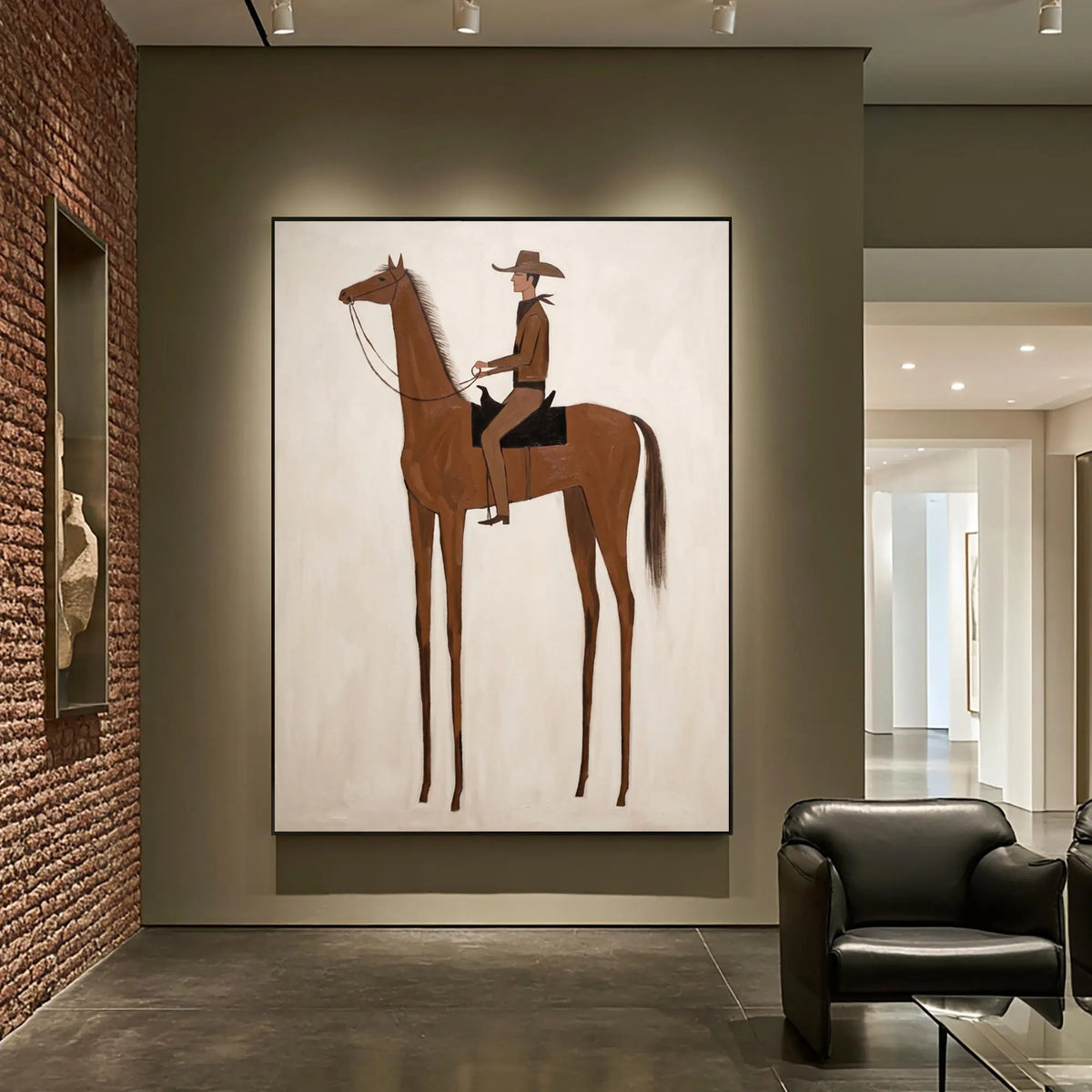 A tall slender chestnut horse with exaggerated long legs carrying a small hatted rider against a plain cream background, shown in room setting 5.