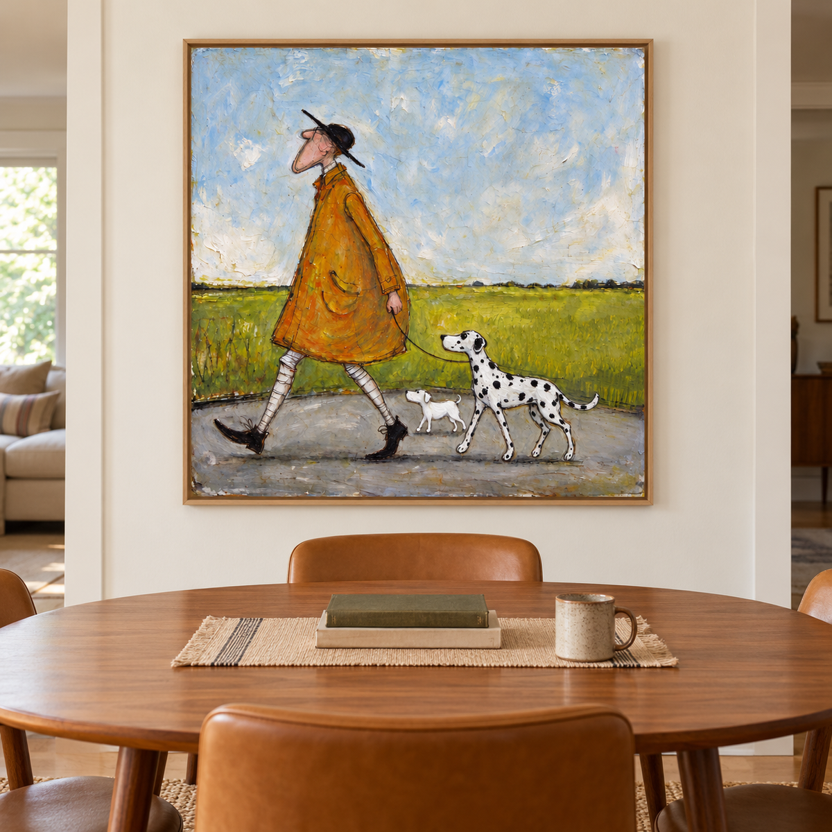 A long-nosed man in an ochre coat and black hat walking a Dalmatian and a small white dog beside a green field under a pale blue sky, shown in room setting 3.