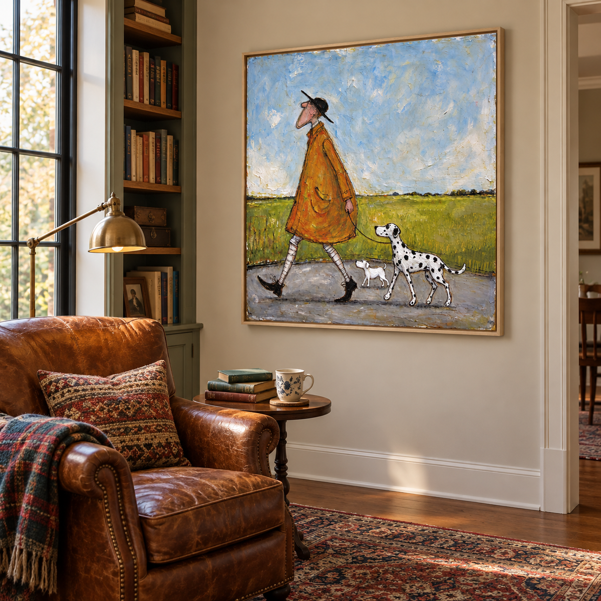A long-nosed man in an ochre coat and black hat walking a Dalmatian and a small white dog beside a green field under a pale blue sky, shown in room setting 5.