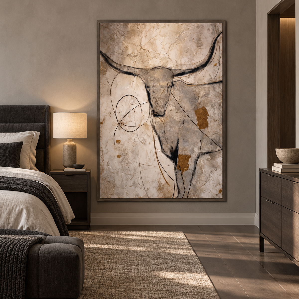 A single longhorn head fills a pale, loosely marked field. Its wide dark horns sweep out from a narrow face, with black contour lines and a few ochre patches over cream and beige., in a bedroom.