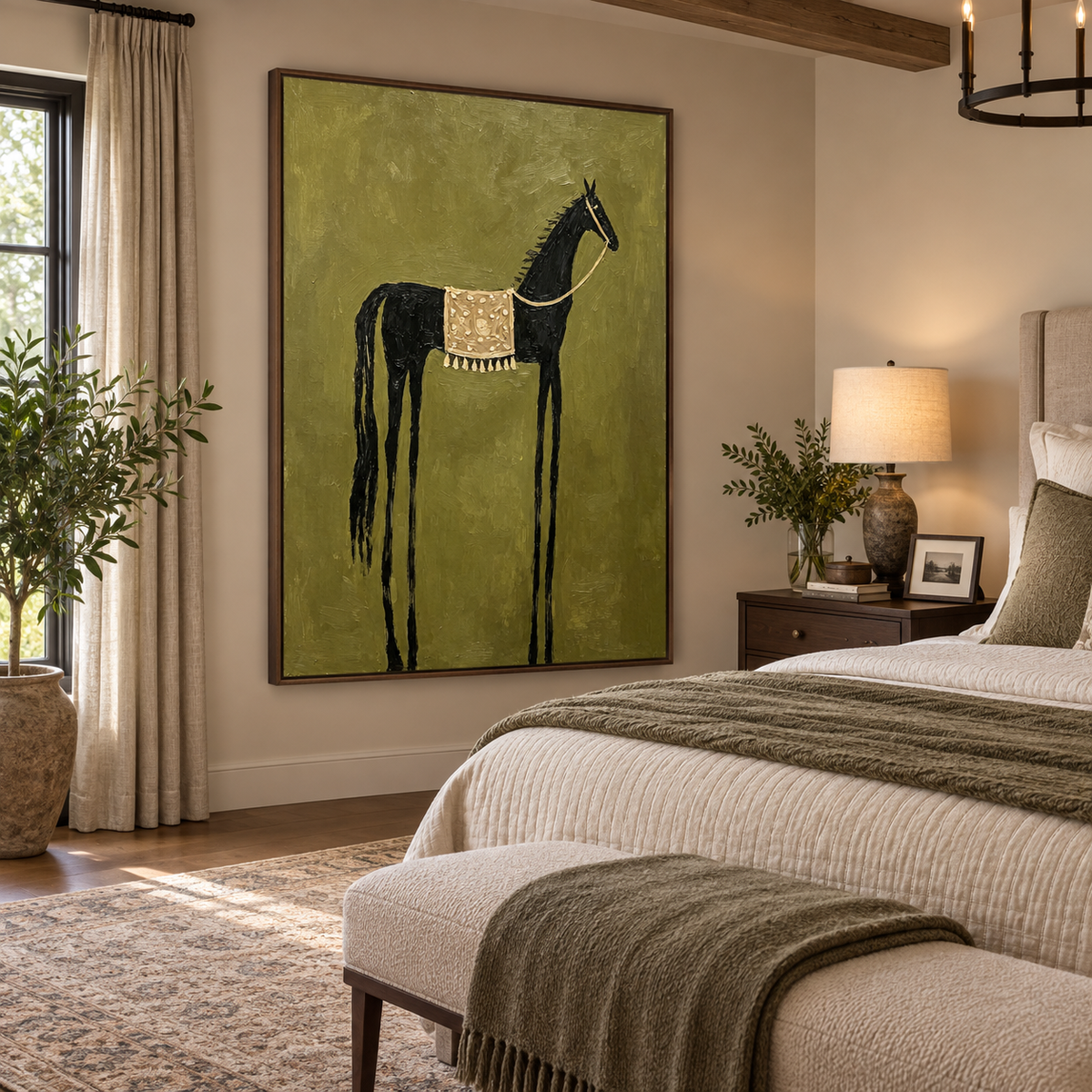 A tall black horse with a patterned cream saddle blanket on an olive green background, shown from an angle in a bedroom.