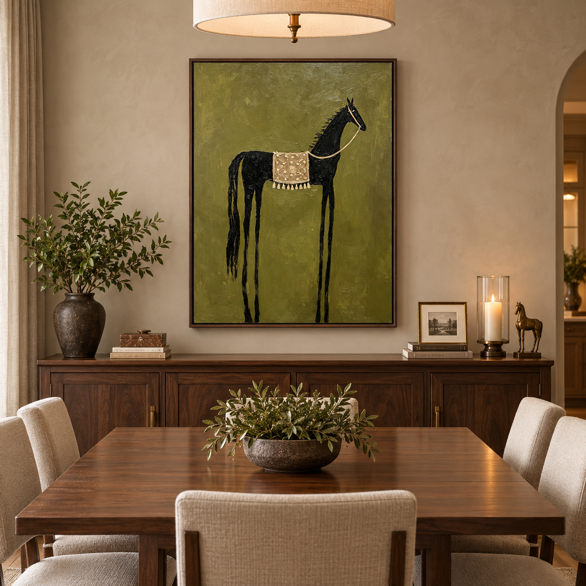 A tall black horse with a patterned cream saddle blanket on an olive green background, in a dining room.