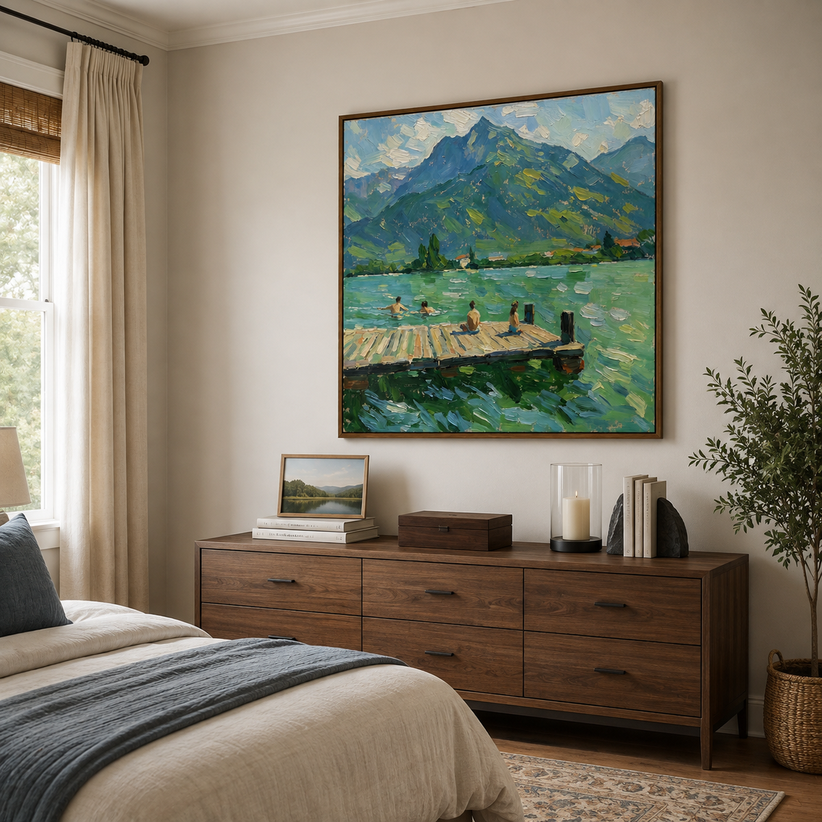 Angled view of the framed mountain lake painting above a bedroom dresser.