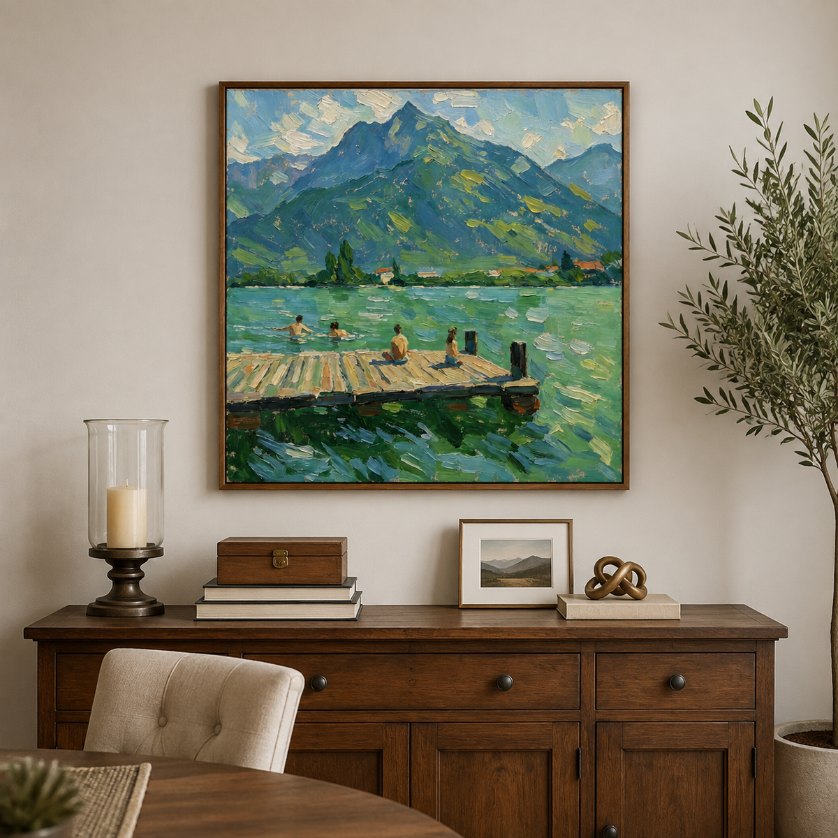 Square blue-green lake landscape painting displayed above a dining room sideboard.