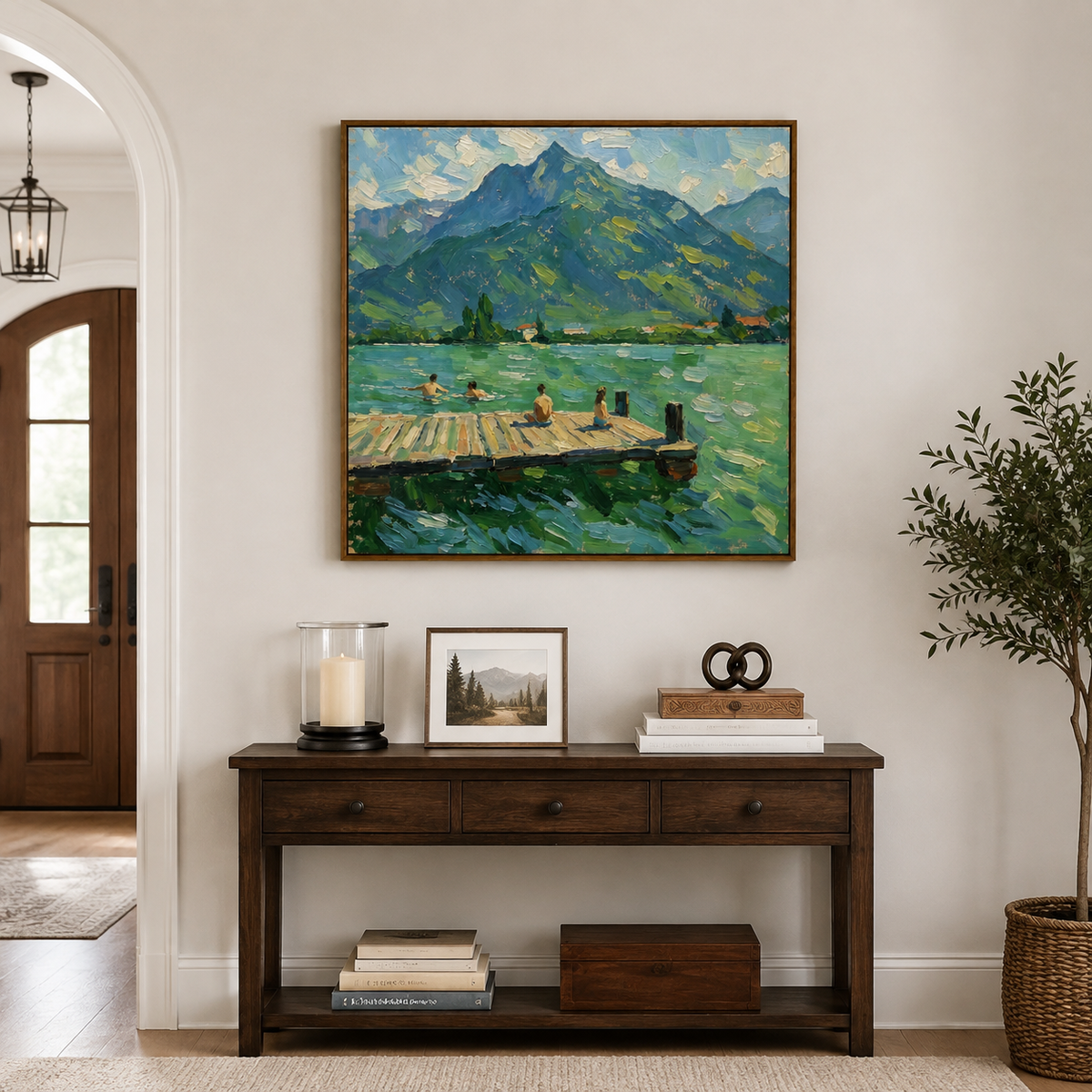 Mountain lake painting with a wooden dock, shown above an entryway console.