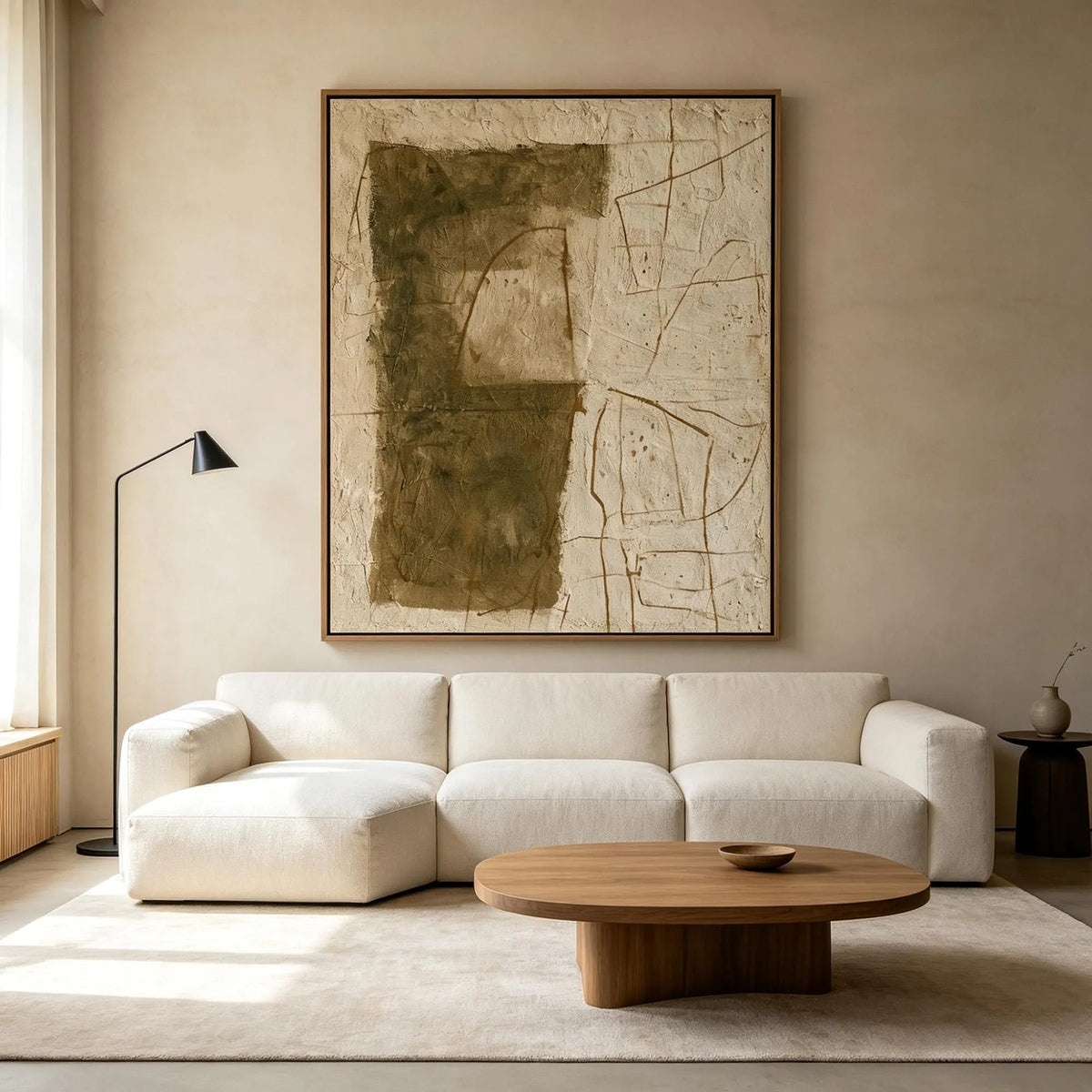 Olive green blocks and fine wandering lines across a warm beige vertical abstract composition, shown in room setting 2.