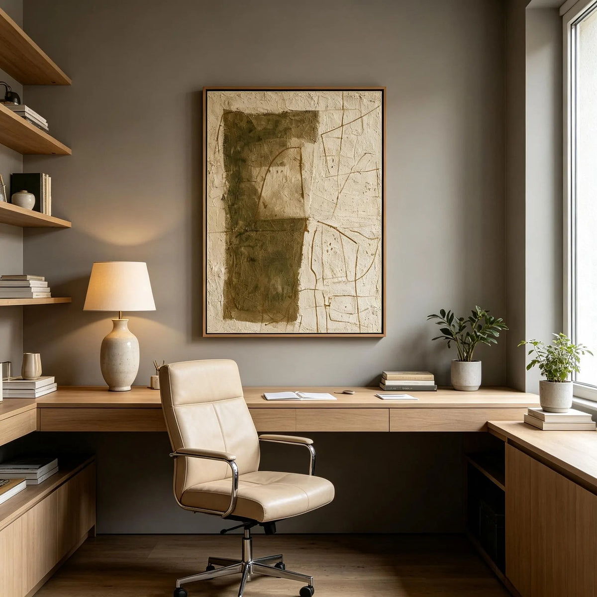 Olive green blocks and fine wandering lines across a warm beige vertical abstract composition, shown in room setting 6.