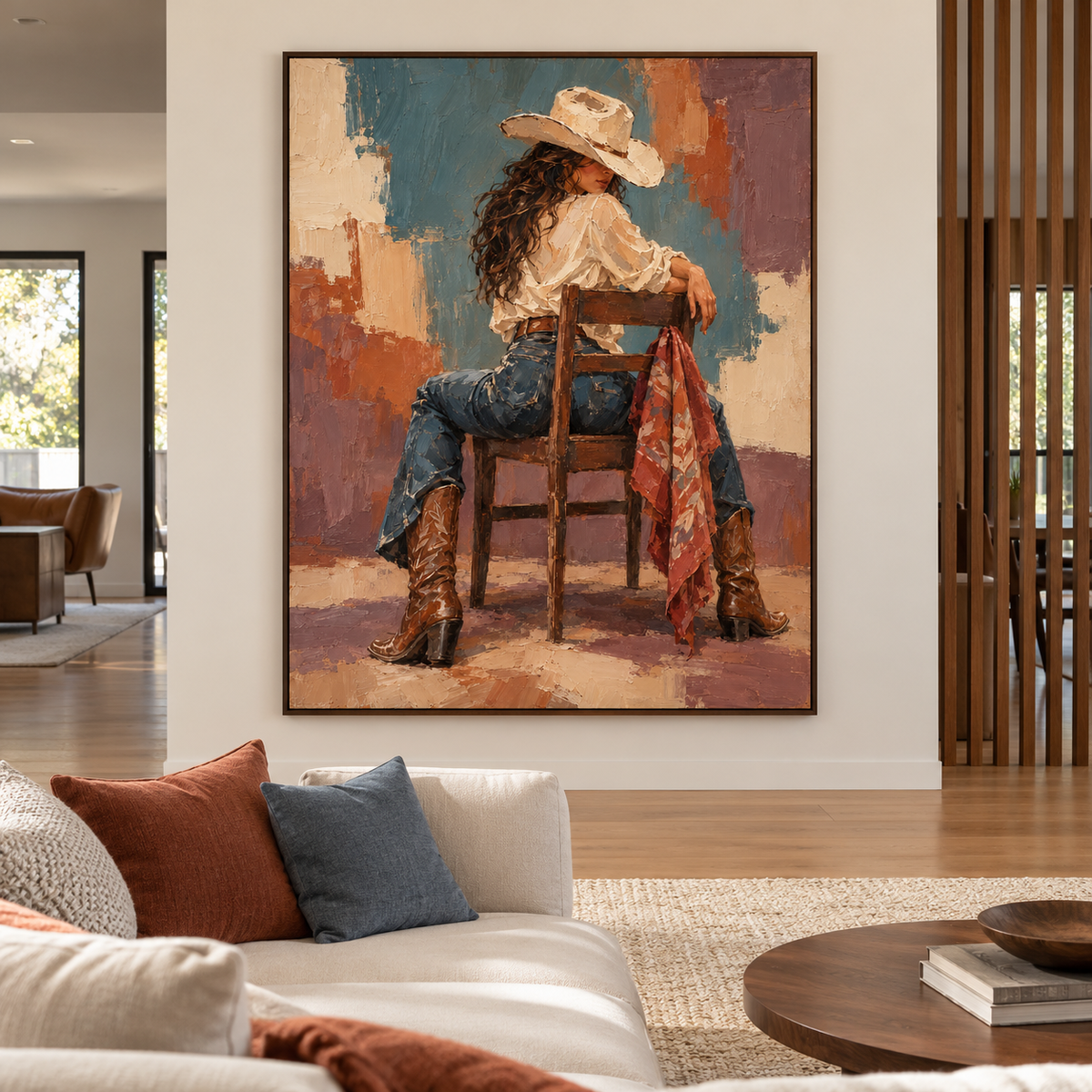 A cowgirl in a tan hat, white shirt, blue jeans and brown boots seated backward on a wooden chair looking over her shoulder beside a red patterned scarf and blocks of blue, cream and rust, shown in room setting 1.