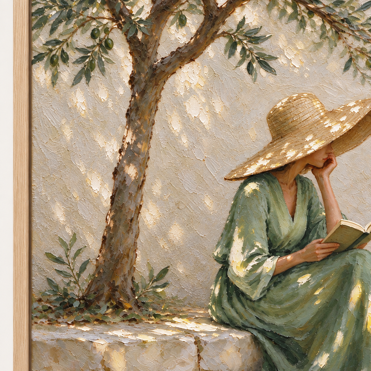 A woman in a green dress resting her cheek on one hand while reading on a stone ledge under a tree, close-up of the painted details.