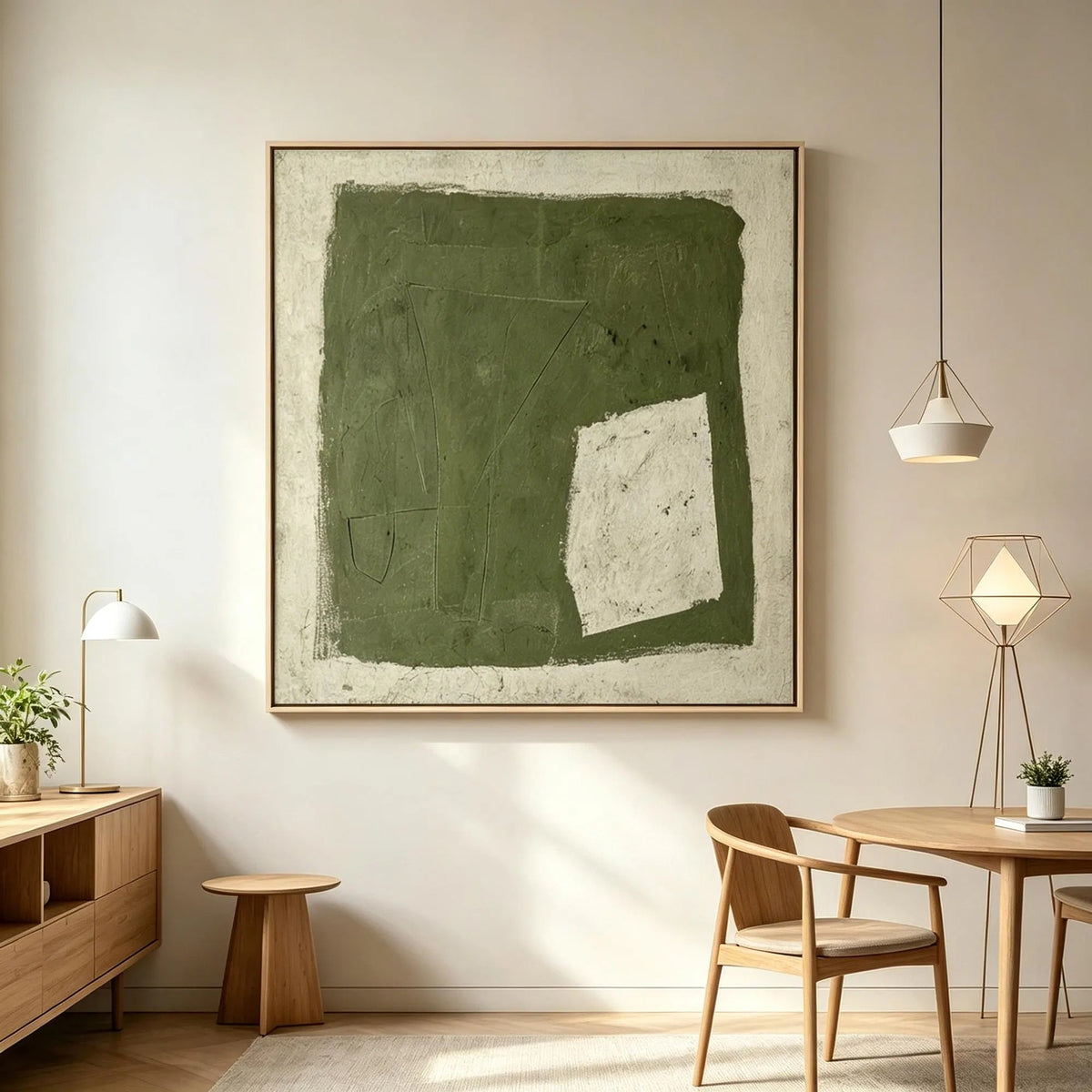 A rough-edged olive green square with a small off-white opening near its lower right corner, shown in room setting 1.
