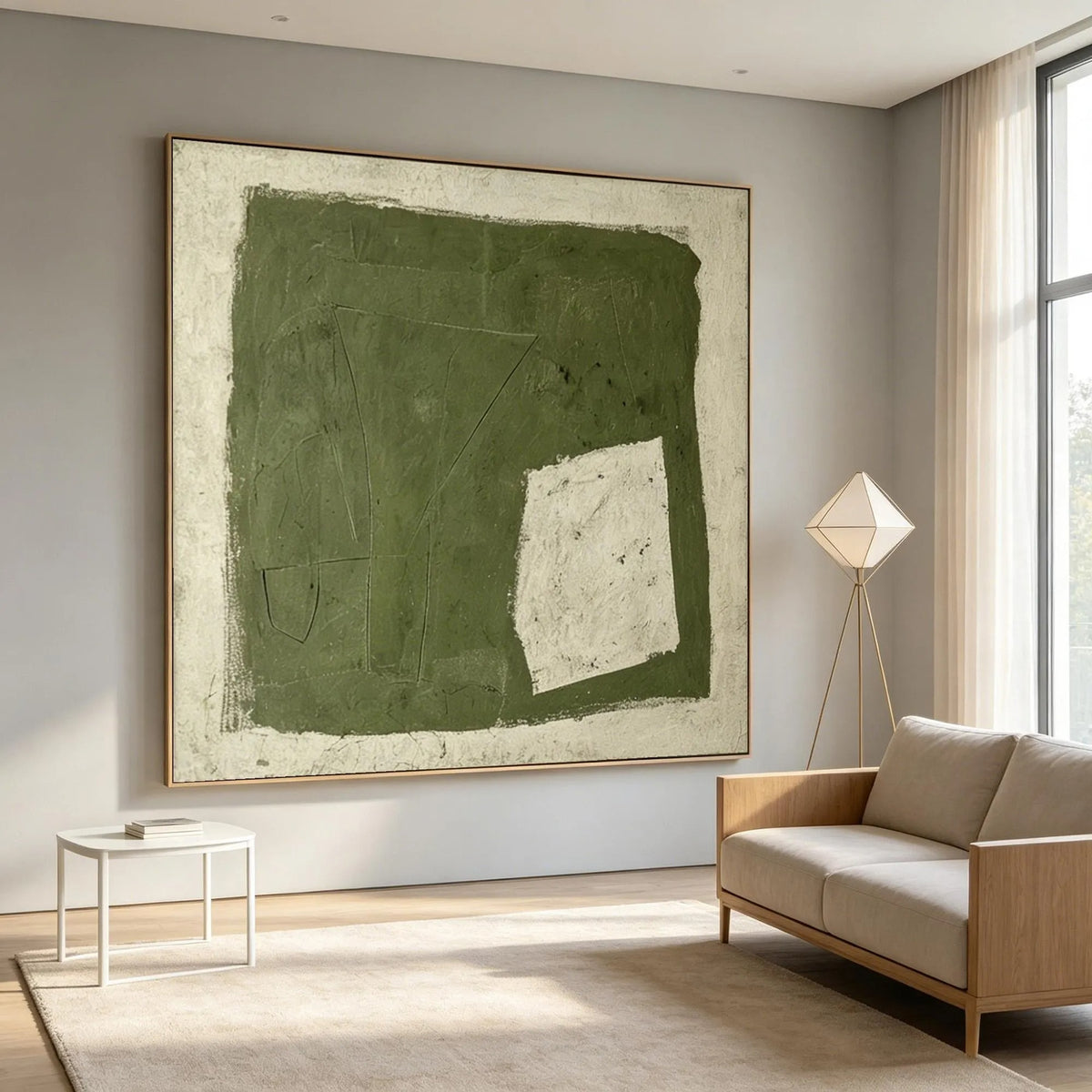 A rough-edged olive green square with a small off-white opening near its lower right corner, shown in room setting 2.