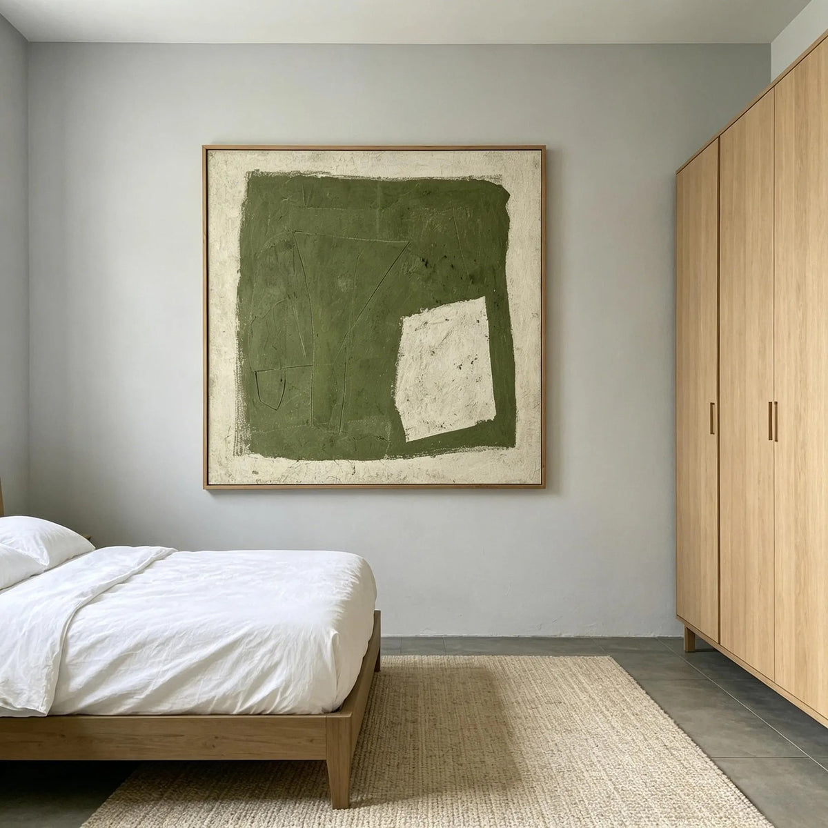 A rough-edged olive green square with a small off-white opening near its lower right corner, shown in room setting 6.