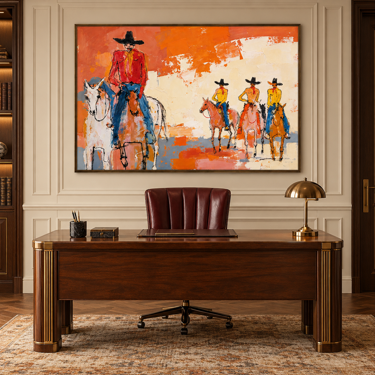 Colorful group of cowboys riding horses in an expressive orange landscape, shown in a home interior