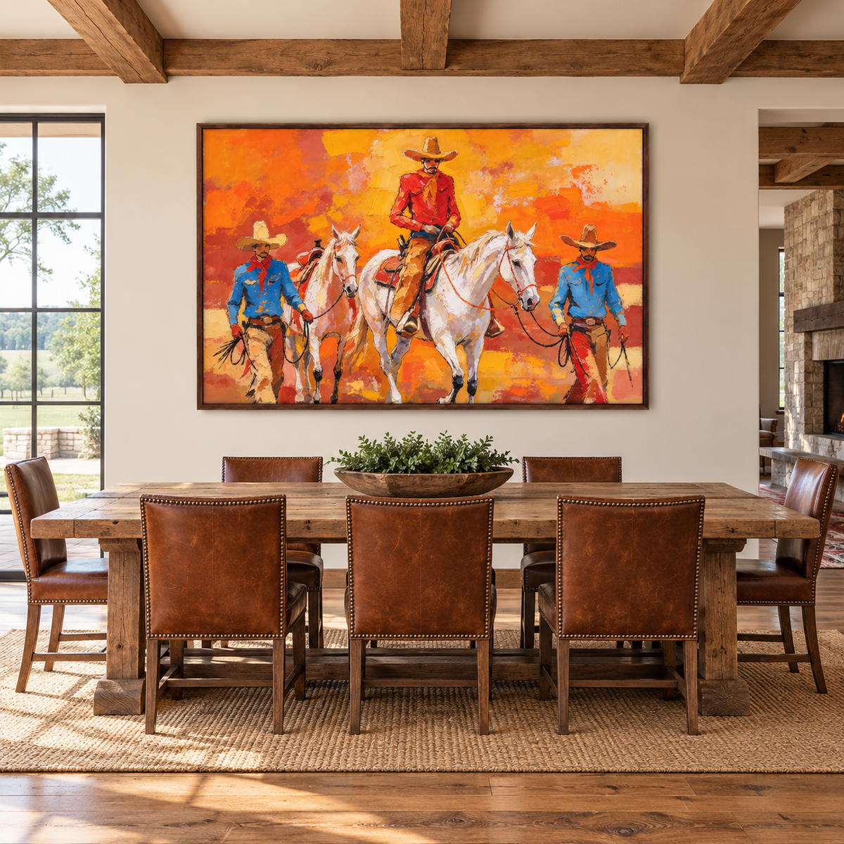 Three cowboys riding white horses beneath an orange sunset, displayed above a country dining table