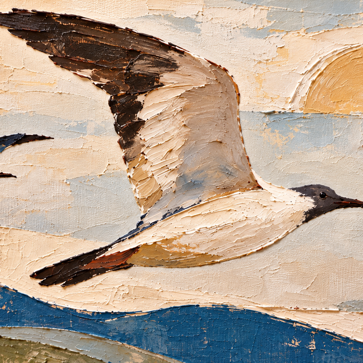 Three birds in flight above rolling blue, sage, and rust-colored hills beneath a pale sun, close-up of the central bird and its raised wing.