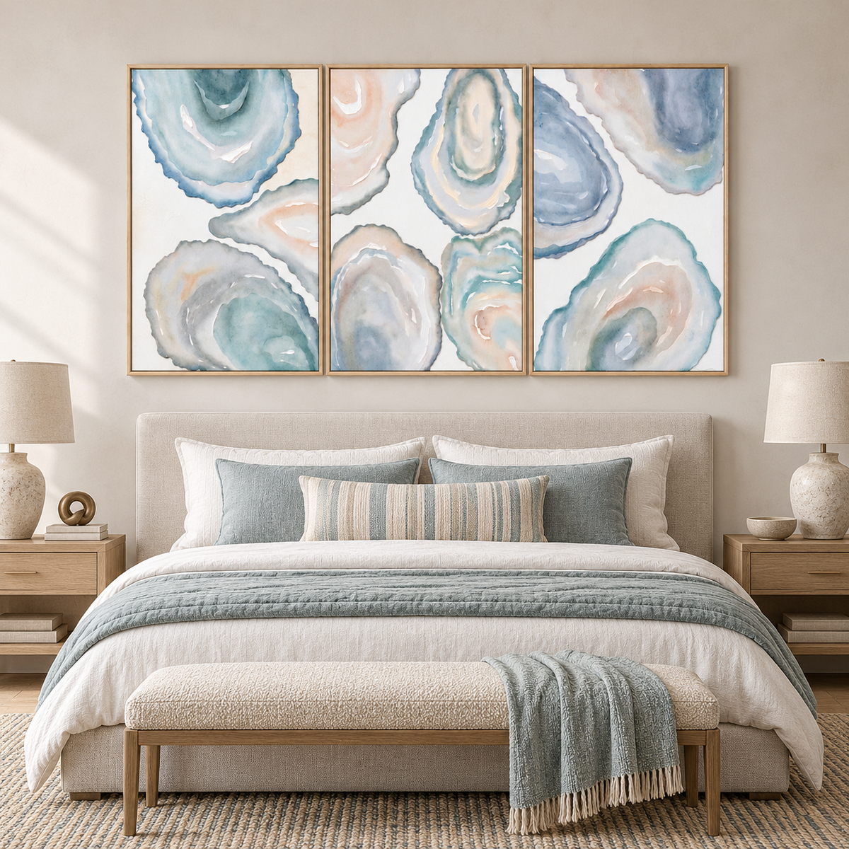 Three vertical panels of overlapping oyster-shell interiors in cloudy blue, pale aqua, warm white and soft blush, with curved ridges and layered centers, in a bedroom.
