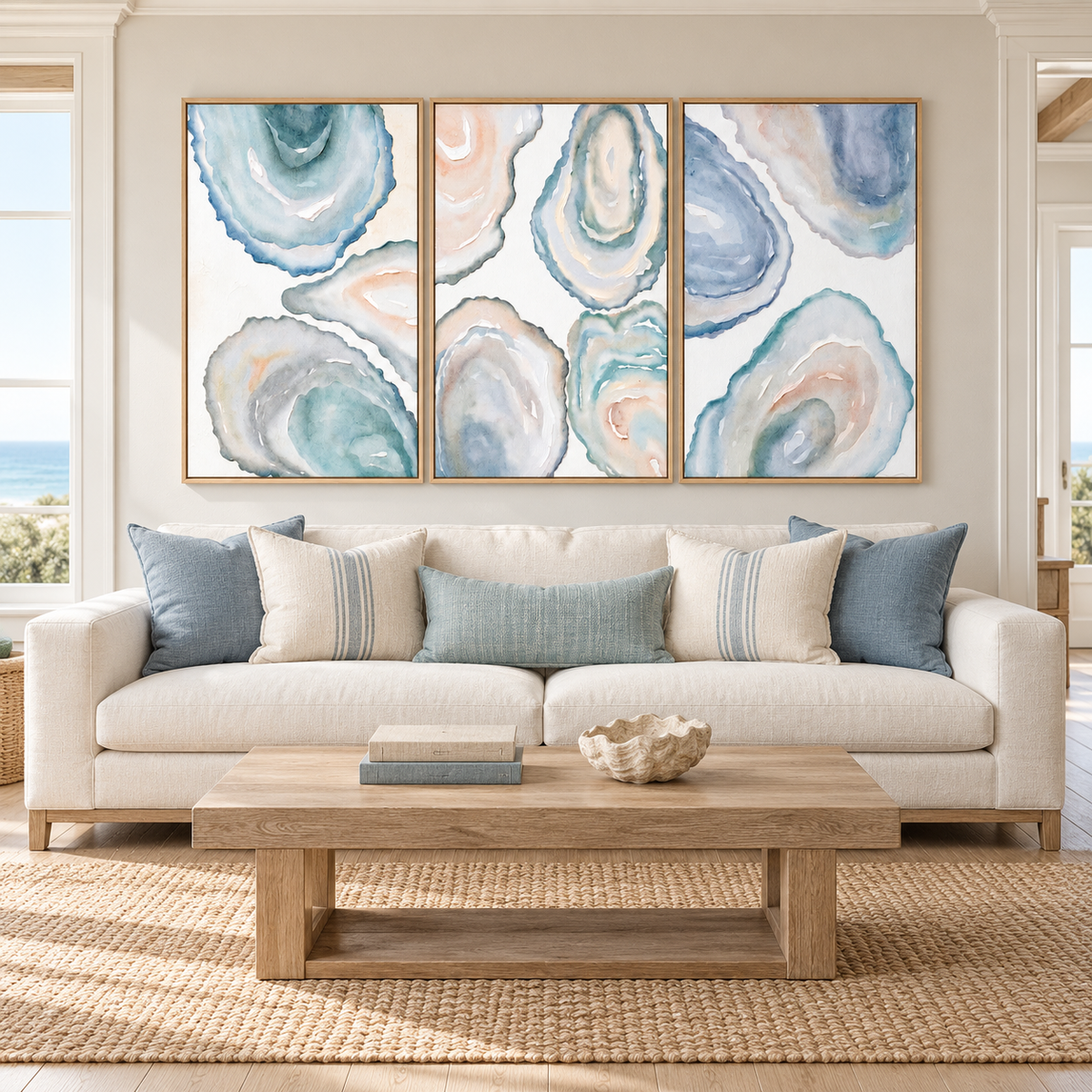 Three vertical panels of overlapping oyster-shell interiors in cloudy blue, pale aqua, warm white and soft blush, with curved ridges and layered centers, in a living room.