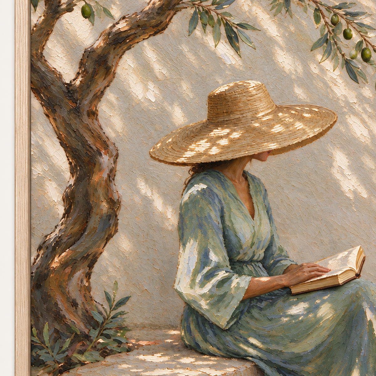 A woman in a straw hat and green dress holding an open book beneath a twisting tree with dappled sunlight on a pale wall, close-up of the painted details.