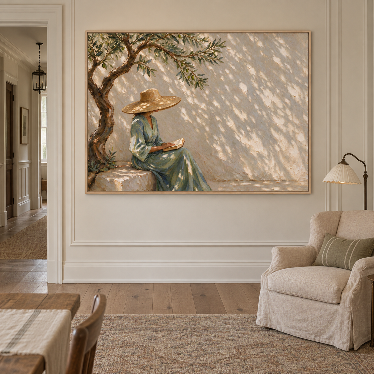 A woman in a straw hat and green dress holding an open book beneath a twisting tree with dappled sunlight on a pale wall, shown in a quiet sitting room.