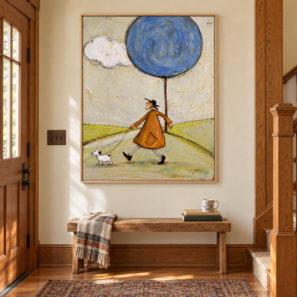 A long-nosed man in an orange coat walking a small white dog across pale green hills beneath an oversized round blue tree and a white cloud, shown in room setting 1.