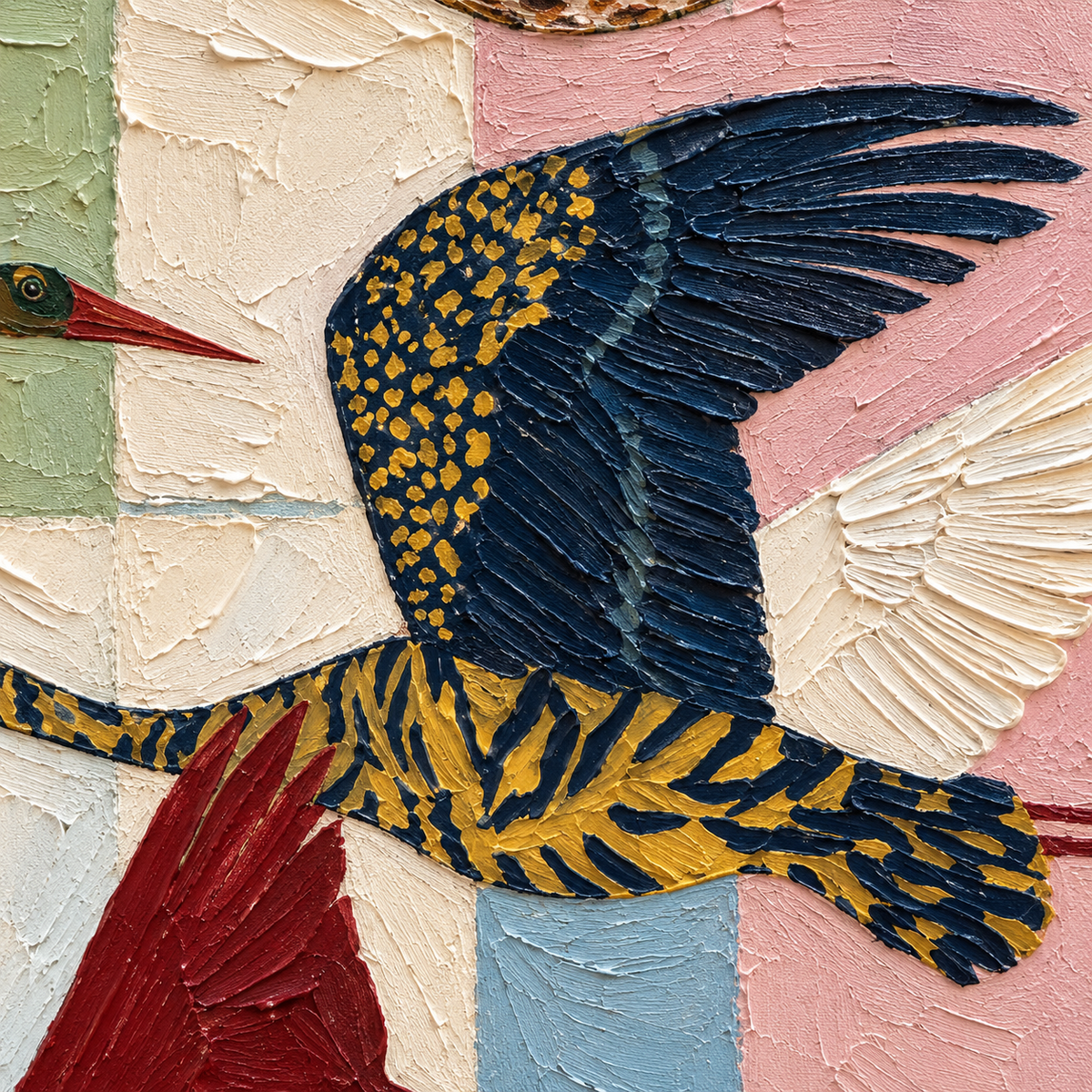 Patterned birds flying across a tall arrangement of pale blue, sage, cream, and pink blocks, close-up of navy and cream wings.
