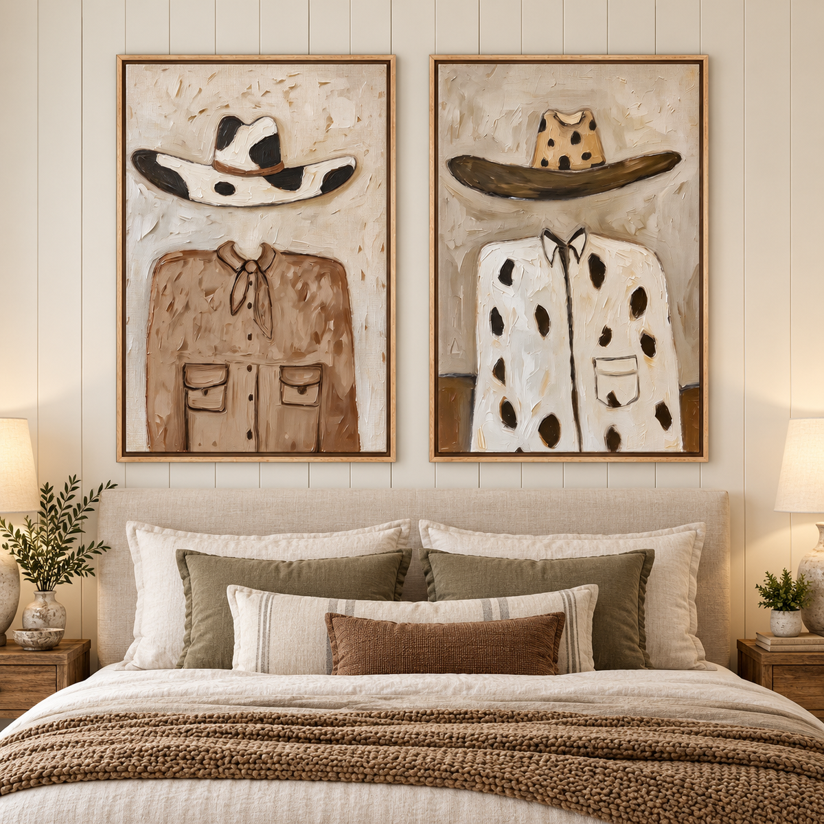 A two-panel Western wall art set showing a cow-print hat above a brown shirt on the left and a brown-brimmed spotted hat above a cream cow-print shirt on the right, shown in room setting 3.