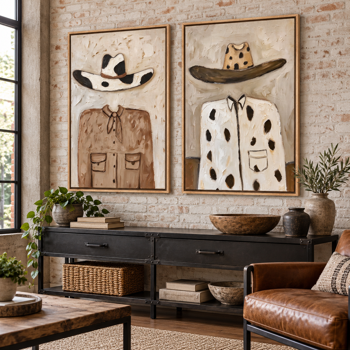 A two-panel Western wall art set showing a cow-print hat above a brown shirt on the left and a brown-brimmed spotted hat above a cream cow-print shirt on the right, shown in room setting 5.