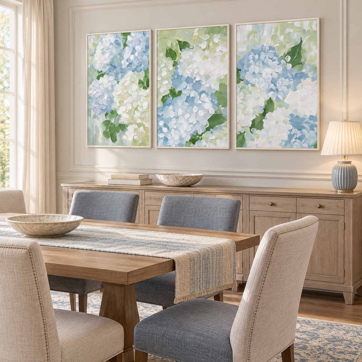 A three-panel hydrangea wall art set with close-up clusters of pale blue and white petals and green leaves spread across three separate vertical panels, shown from an angle in a dining room.