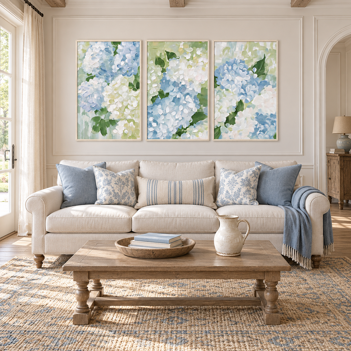 A three-panel hydrangea wall art set with close-up clusters of pale blue and white petals and green leaves spread across three separate vertical panels, in a living room.