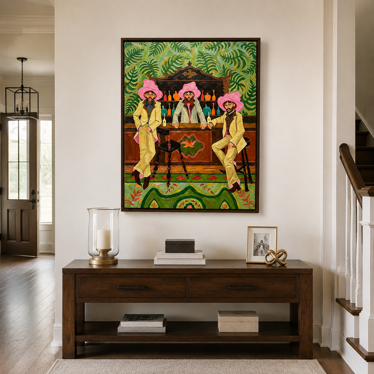 Three men in pink hats at a wooden bar with green leaf patterns and colorful bottles, in an entryway.
