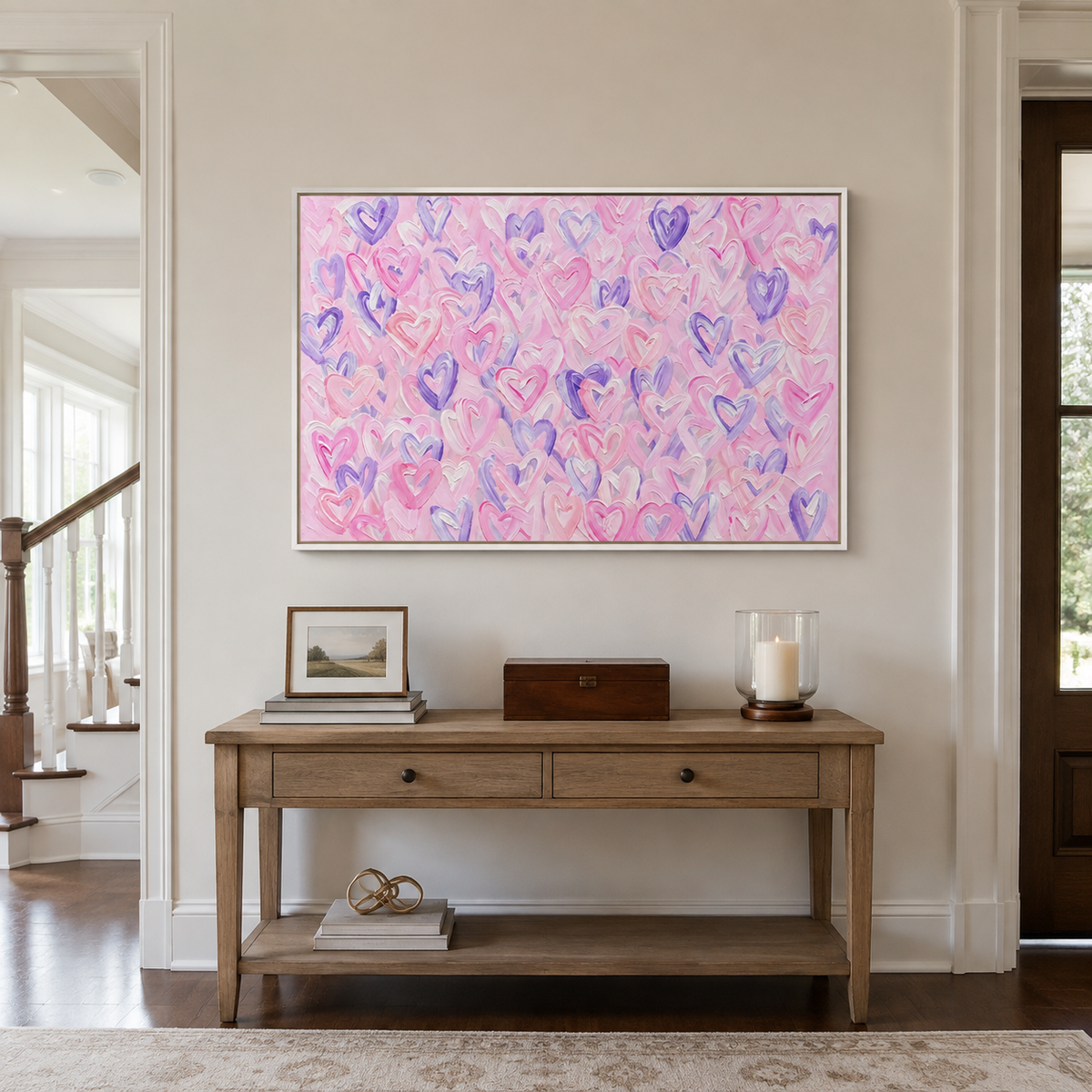 Pink, lavender, and white hearts with deep purple accents across a pale pink background, in an entryway.