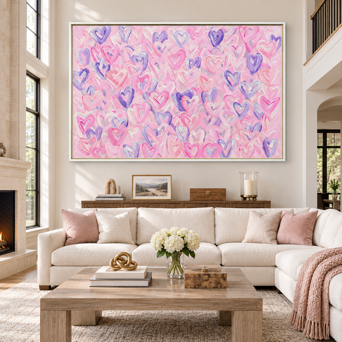 Pink, lavender, and white hearts with deep purple accents across a pale pink background, in a large living room.