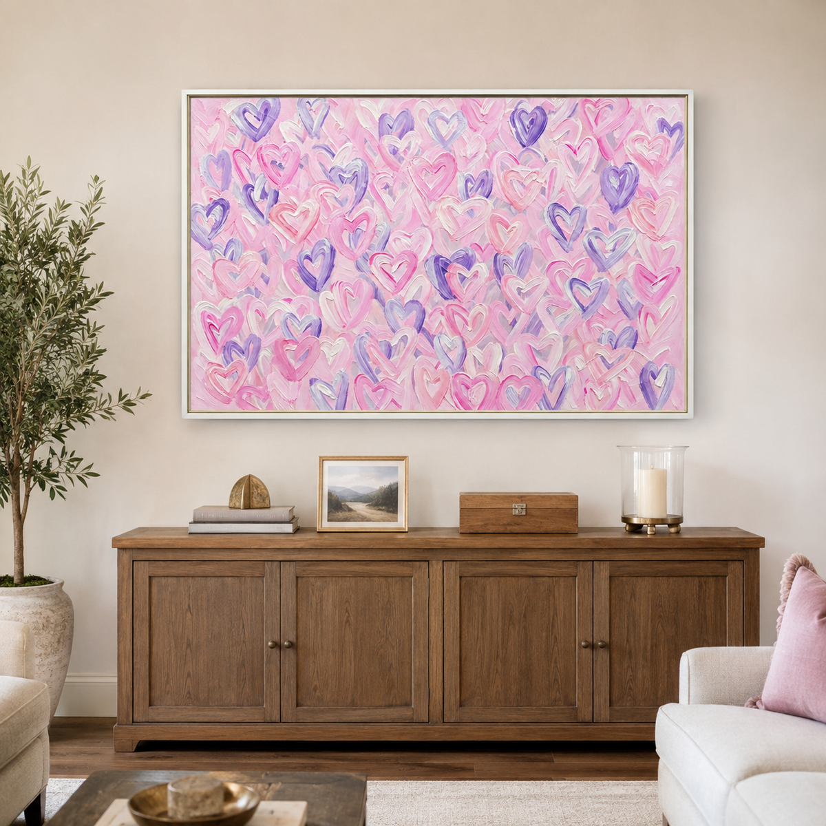 Pink, lavender, and white hearts with deep purple accents across a pale pink background, in a living room.