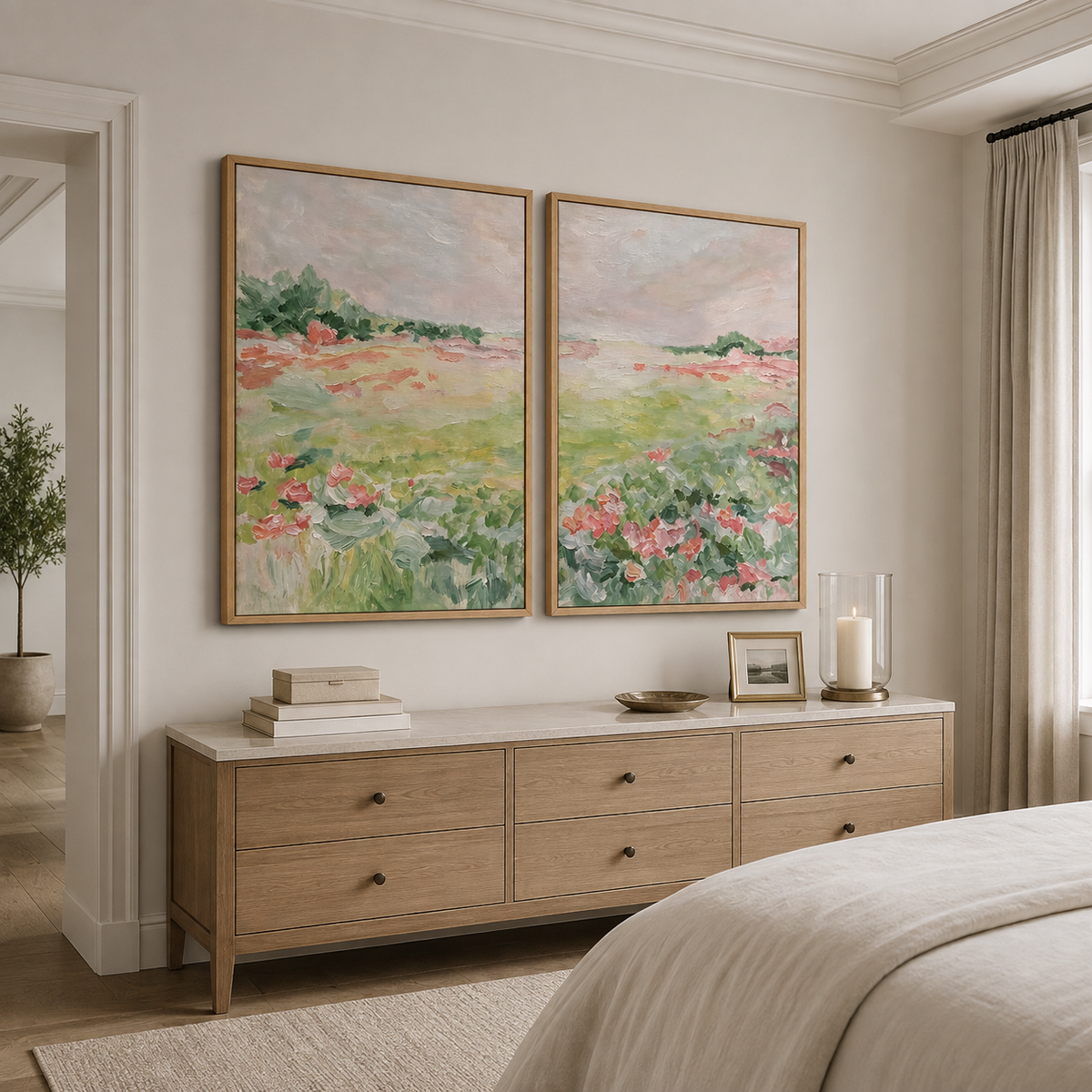Pink flowers and soft green meadow grasses beneath a pale sky across two panels, shown from an angle in a bedroom.
