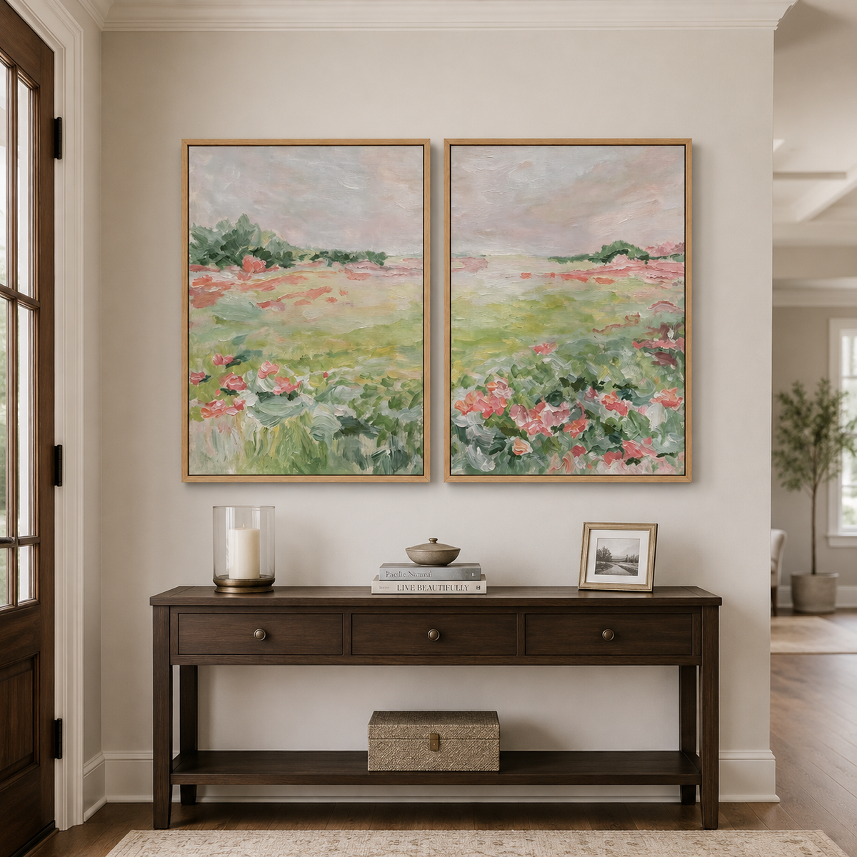 Pink flowers and soft green meadow grasses beneath a pale sky across two panels, in an entryway.