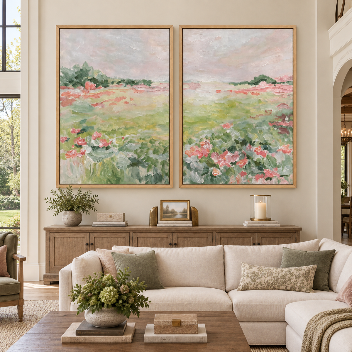 Pink flowers and soft green meadow grasses beneath a pale sky across two panels, in a large living room.