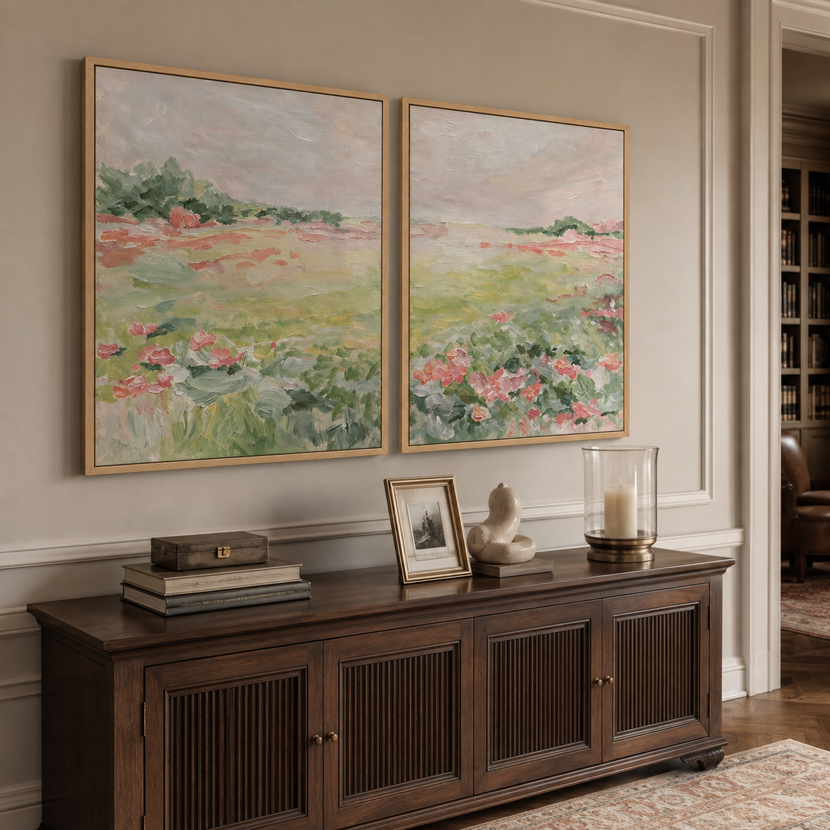 Pink flowers and soft green meadow grasses beneath a pale sky across two panels, shown from an angle in a study.