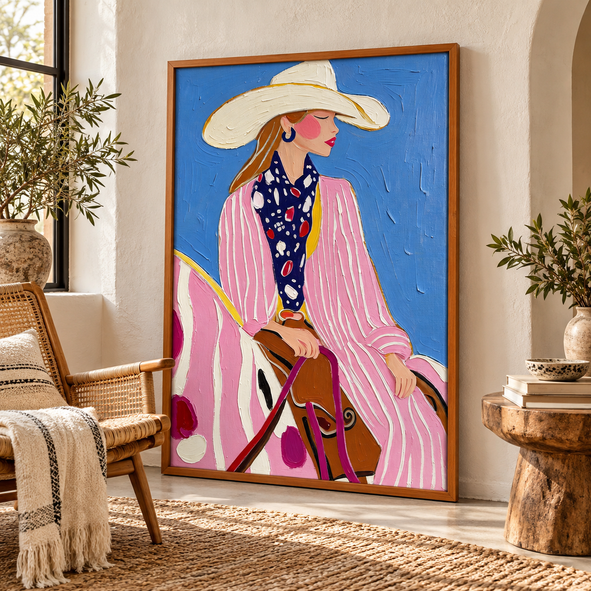 A cowgirl in a pink-and-white striped outfit, cream cowboy hat and dark patterned scarf seated on a pink-and-white horse against a bright blue background, shown in room setting 4.